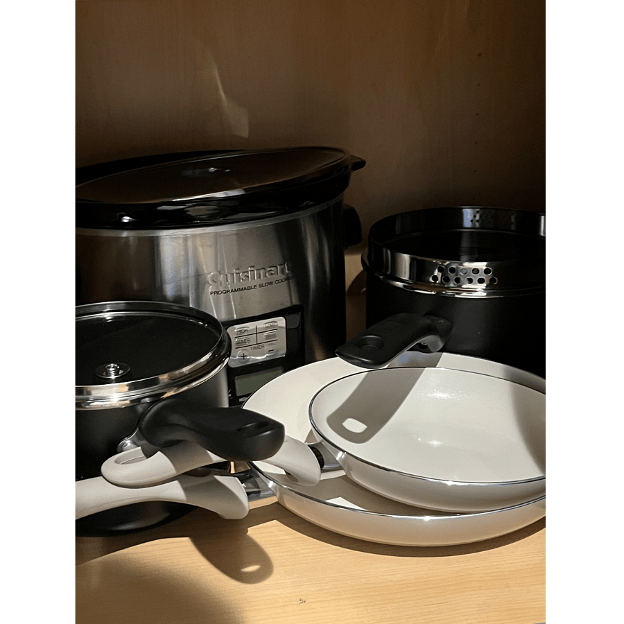 Crock pot, fry pans and sauce pans.