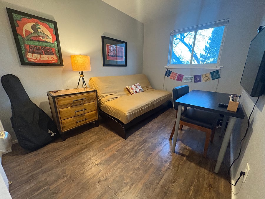 Office with very comfortable, double futon with high quality mattress, desk, 42" Smart TV/ monitor.
