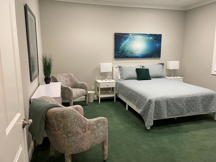 Bedroom #2 - Queen bed, pair of upholstered chairs, dresser, wardrobe, TV with fire stick and bookcase.