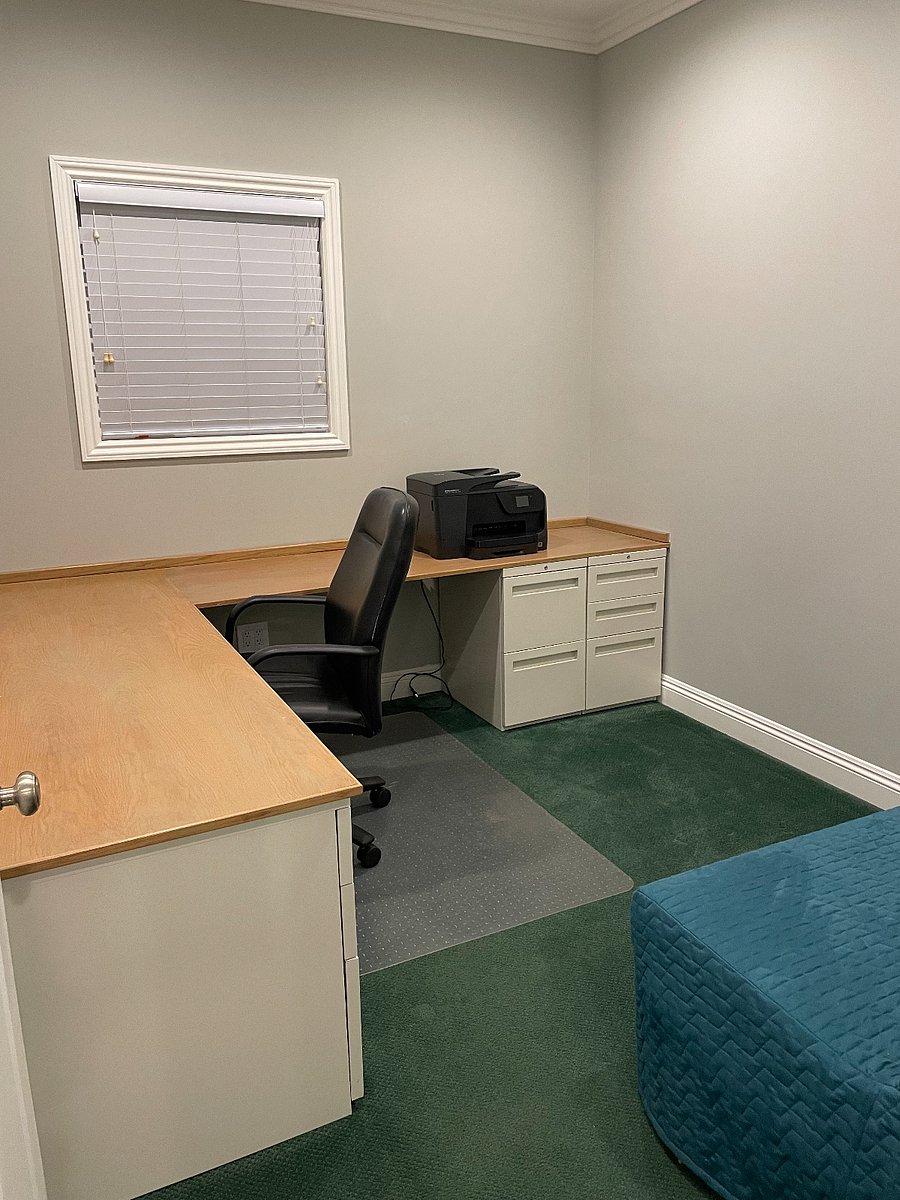 Office with pull-out futon double bed and working printer.