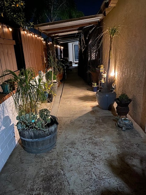 Entrance to the studio during night-time with motion sensor solar lighting