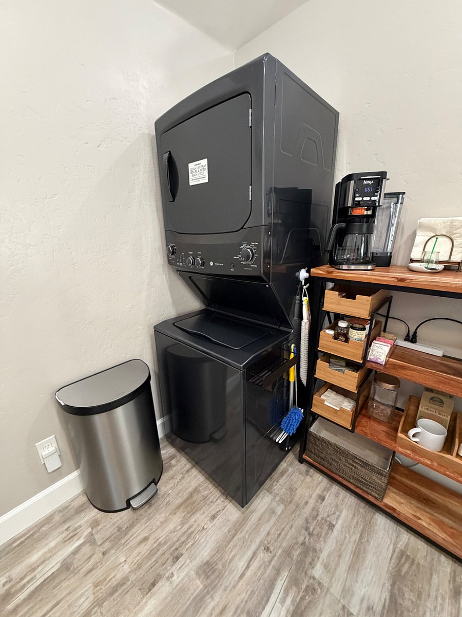 Stackable washer/dryer and coffee/tea station.
