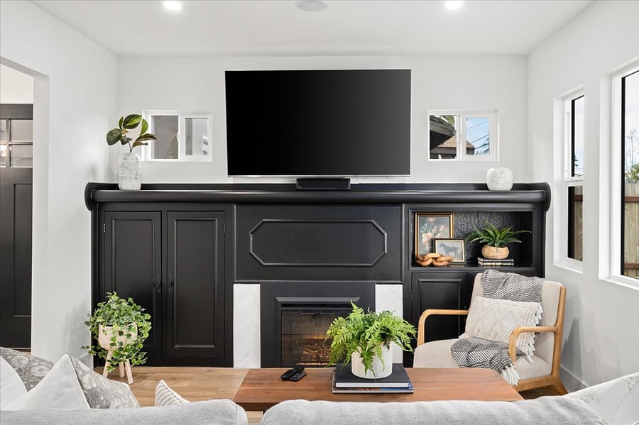 Built in Fireplace and 75 in 4k TVBed