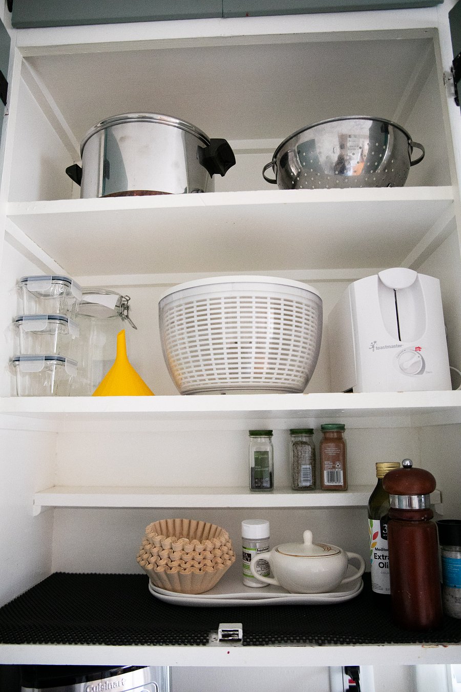 toaster, salad spinner, containers for storage