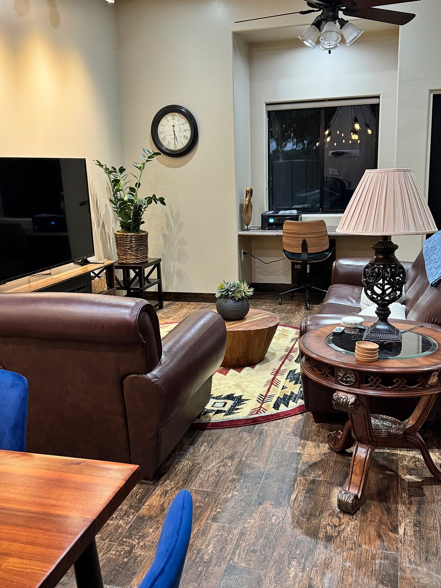 Comfortable leather furniture and a 65 Smart TV with fast internet