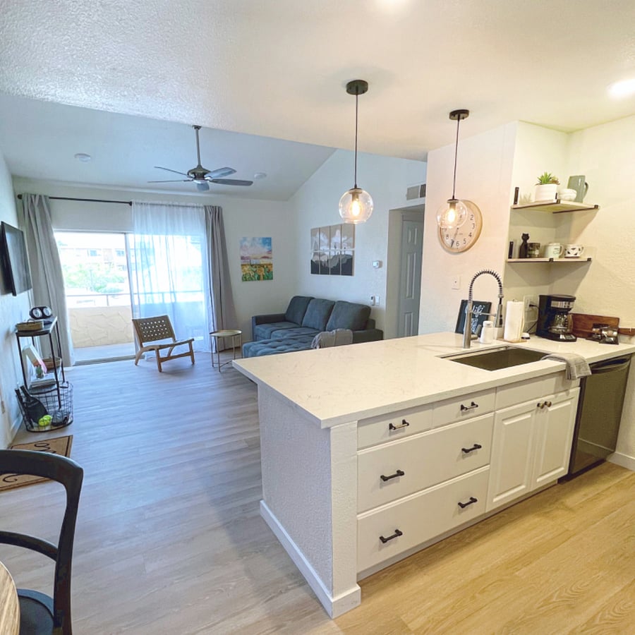 Open kitchen boasting new appliances and new quartz counters looking into the living room, with lots of natural light.