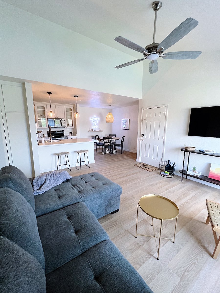 Living room complete with large smart TV and pull-out couch.