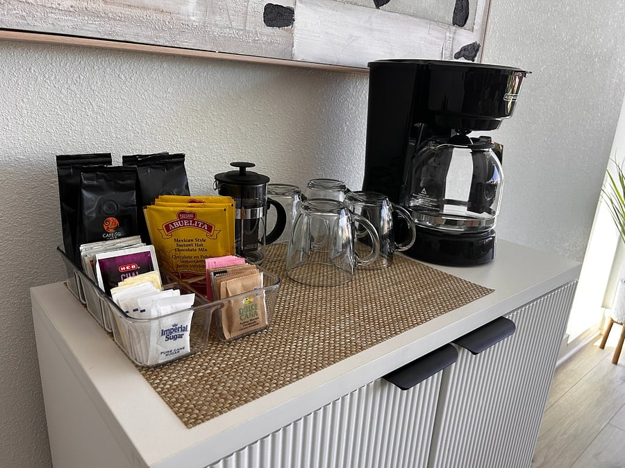 Start you day with the Coffee Bar! Contains coffee options, sweetener selections, tea selections & hot coco!