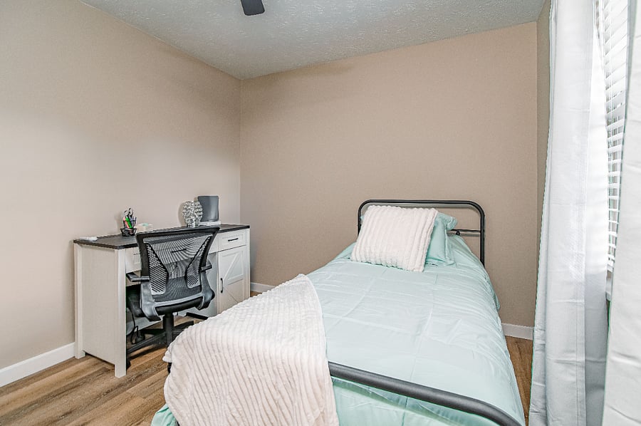 Flex Bedroom #3 - Twin Bed with Premium Ashley Furniture Hybrid Mattress.  Farmhouse Desk - complete with your remote office needs. KUB Fiber!