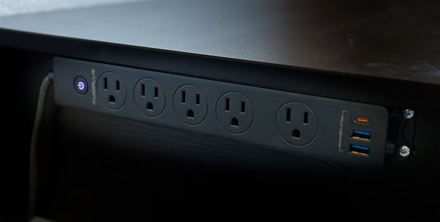 Work desk mounted power strip with USB A and USB C ports
