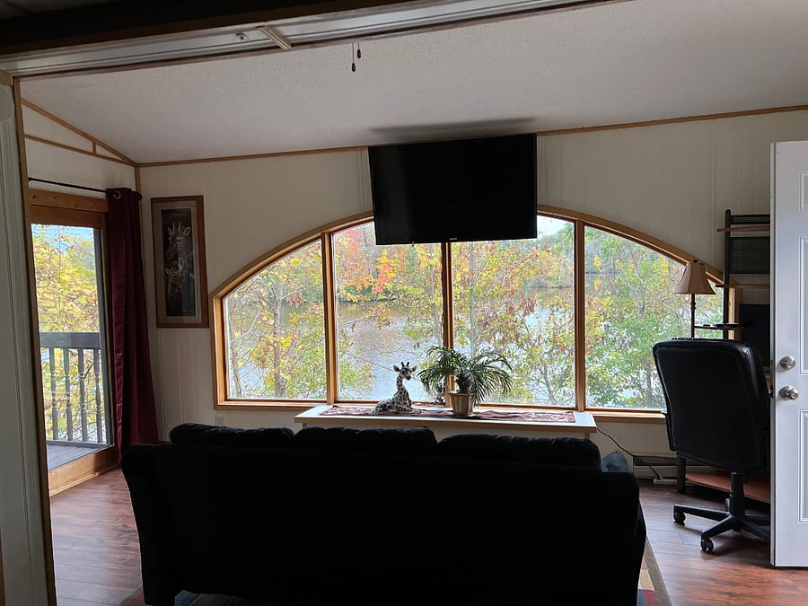The living room offers up beautiful views