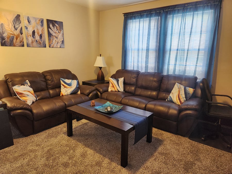 Full large living room. All new carpeting and paint.