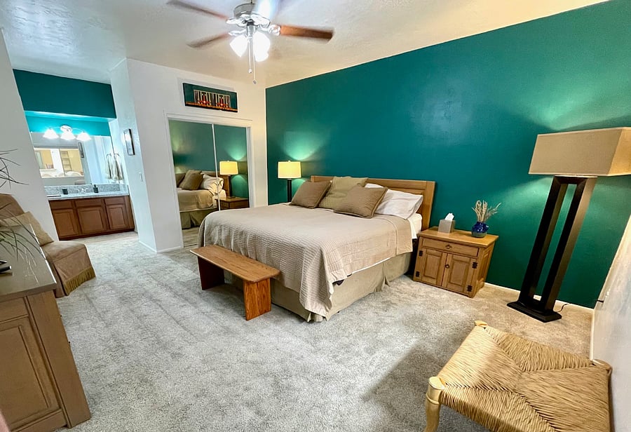 Huge master bedroom with king bed, 2 closets, and private bath.  All bed and bath linens are provided. 