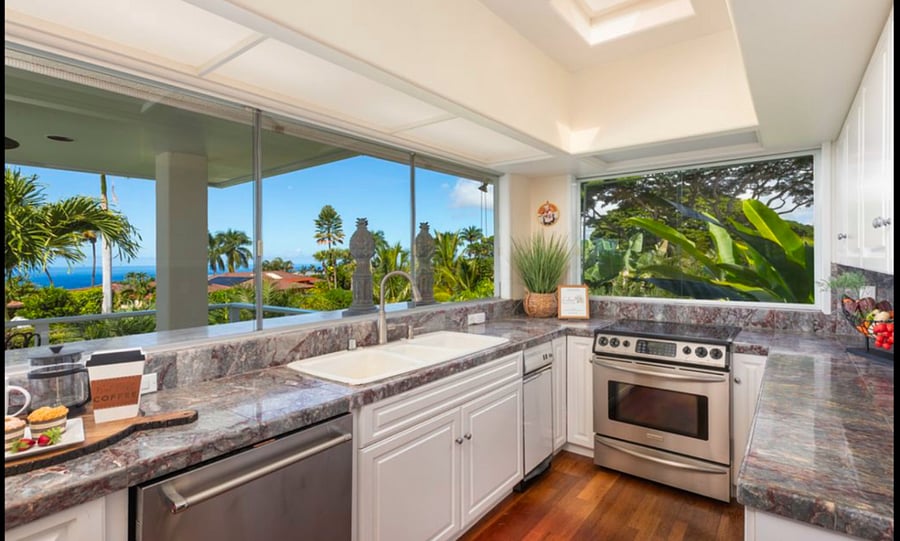 Kitchen with ocean views