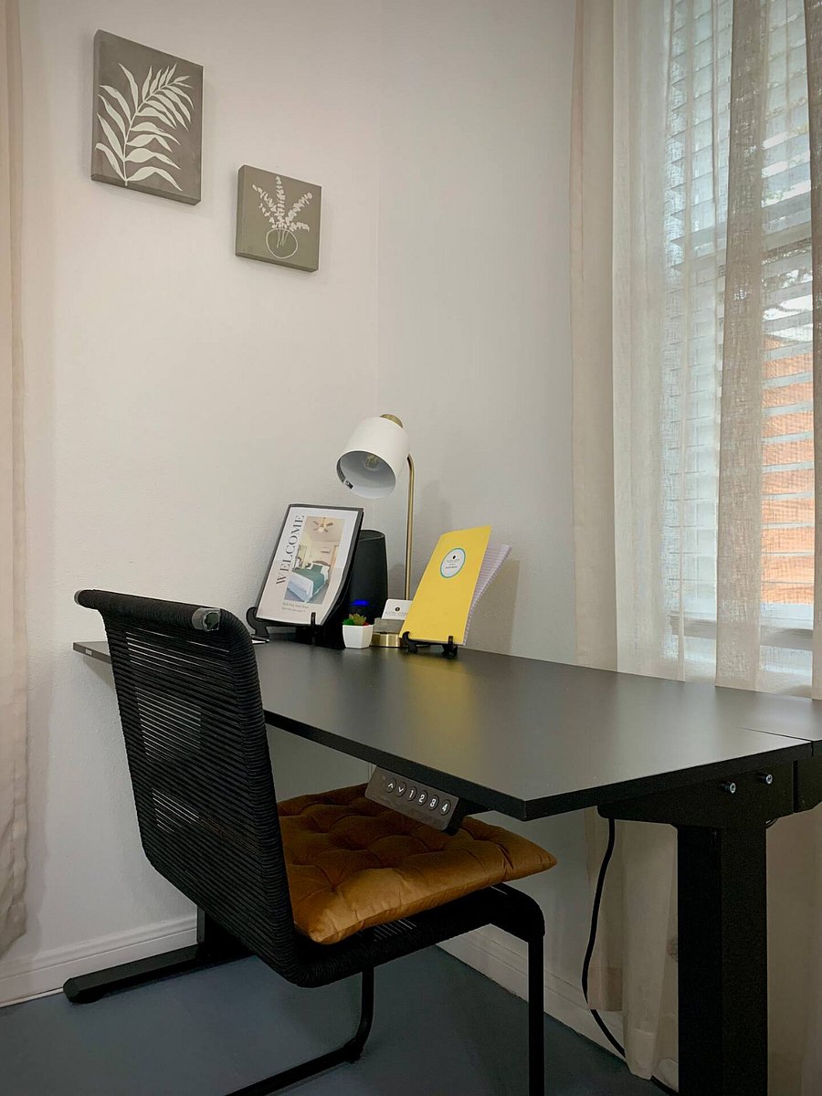 Workspace includes desk that can be raised or lowered for comfort. Chair is for deskwork comfort. Spectrum business Internet and Wi-Fi exclusive for this guest house.