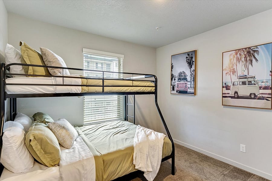 The 2nd bedroom has a twin over full bunkbed that sleeps 2 adults and 1 child.