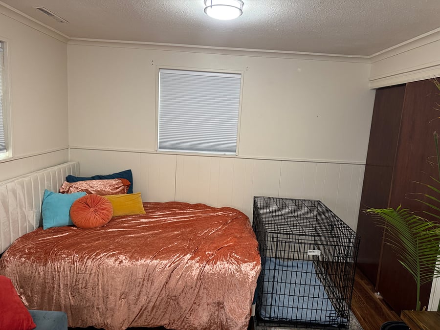 Full size bed, dog crate optional