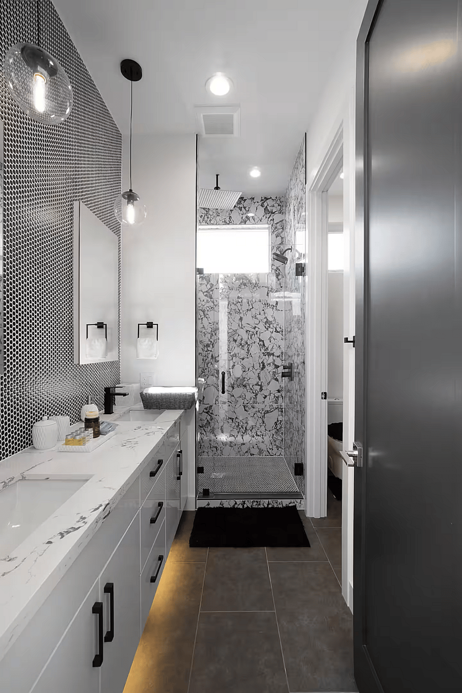 Master bathroom has heated floors. High ceiling bathrooms gives them an ultra luxurious feel. All our bathrooms are stocked with soaps, shampoos, conditioners, body lotions and make-up removers (one time only). Soft white towels and washcloths stocked as well