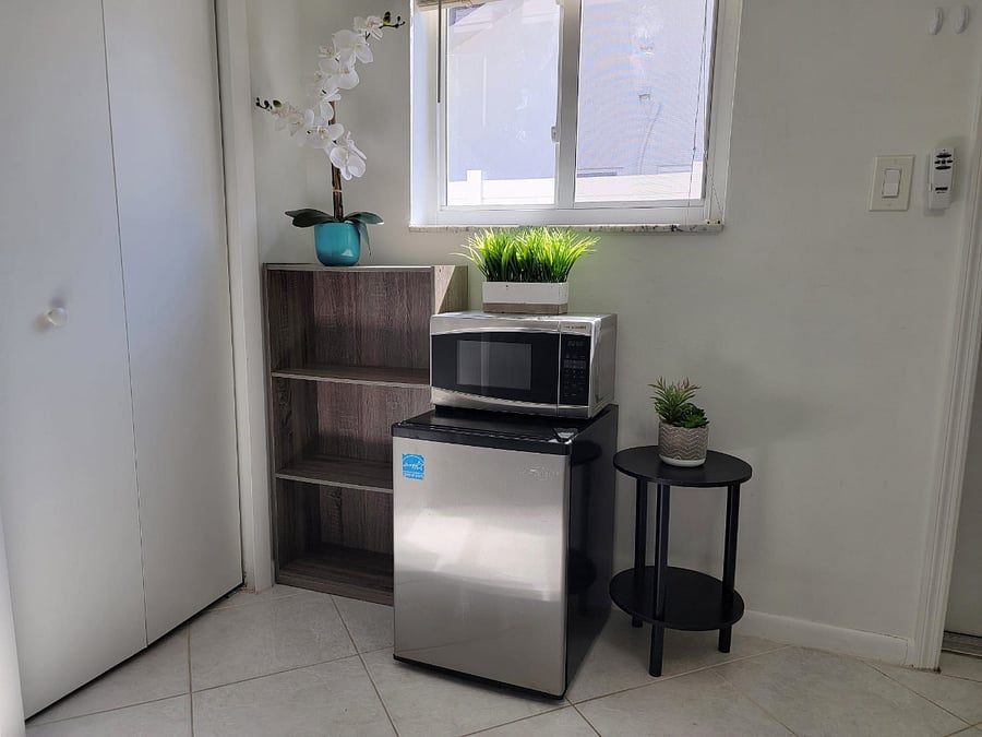 Fridge, microwave, shelf storage. 