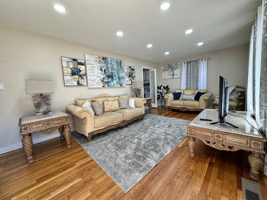 spacious living room with 50" TV and two couches