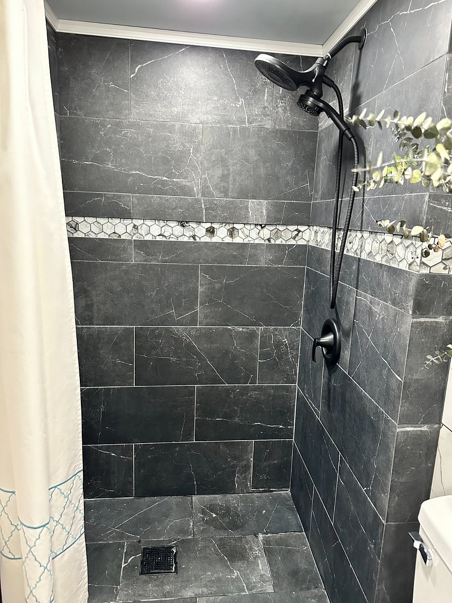 tiled, walk-in shower