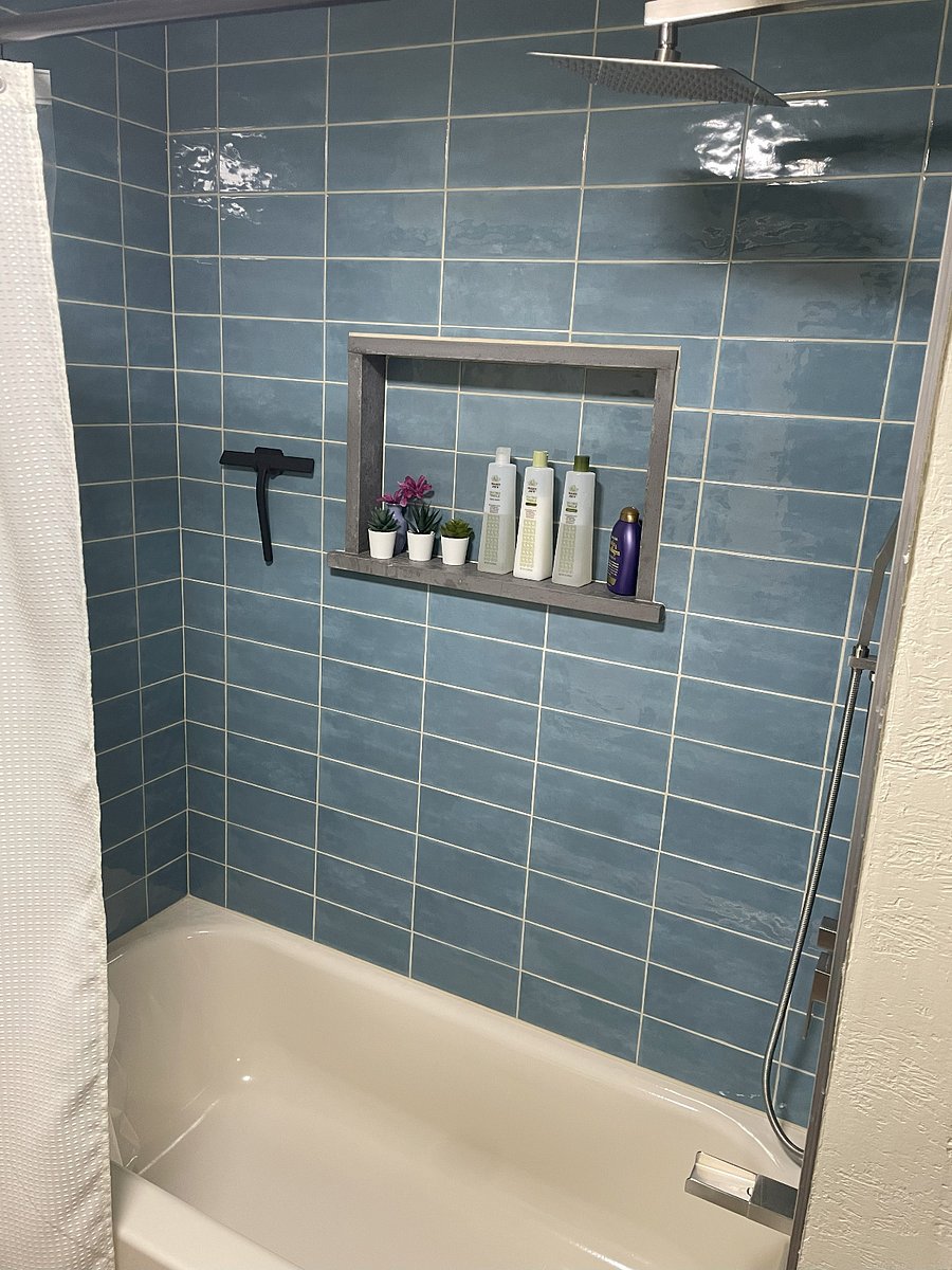 Tiled shower with rain shower head