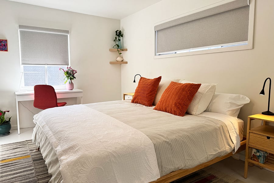 Master bedroom with Avocado mattress, kingsize bed, and desk