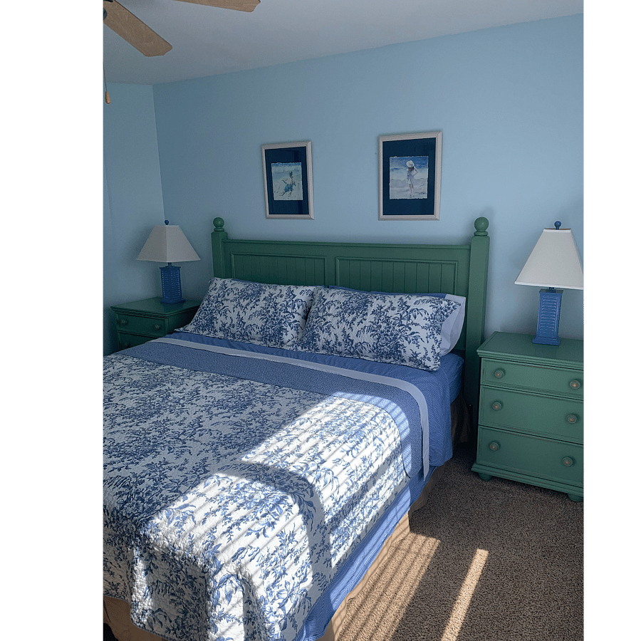 Bedroom 1 - King bed. Private bathroom with shower. Two windows give you a slight peek at the ocean. This room is most private of the other two bedrooms, since it is on the opposite side from all else.