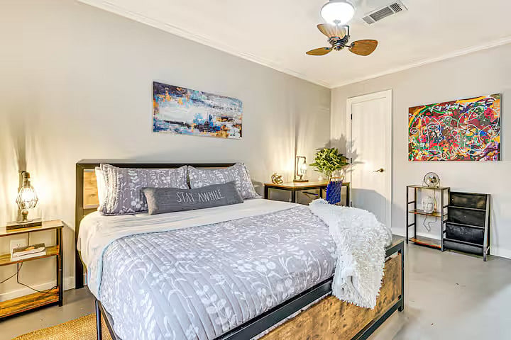 Bedroom with Atlanta skyline art