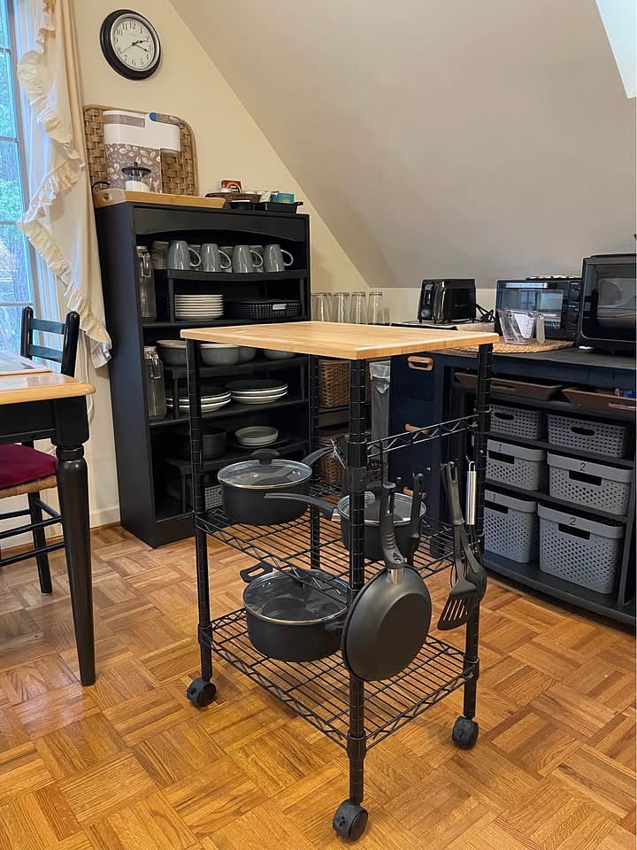 Pots, pans, and cooking tools provided.