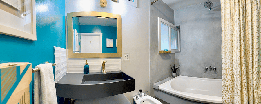 full bath with rain shower and heated concrete floors