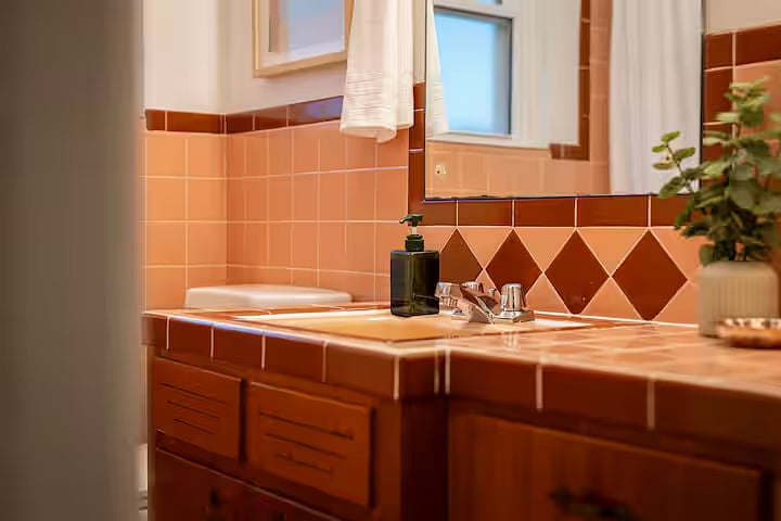 An historical rare design gem!! Mid-century pink tiled bathroom, vanity with sink, shower/tub, mirror, and light fixture are all original. The adjustable shower head is new.