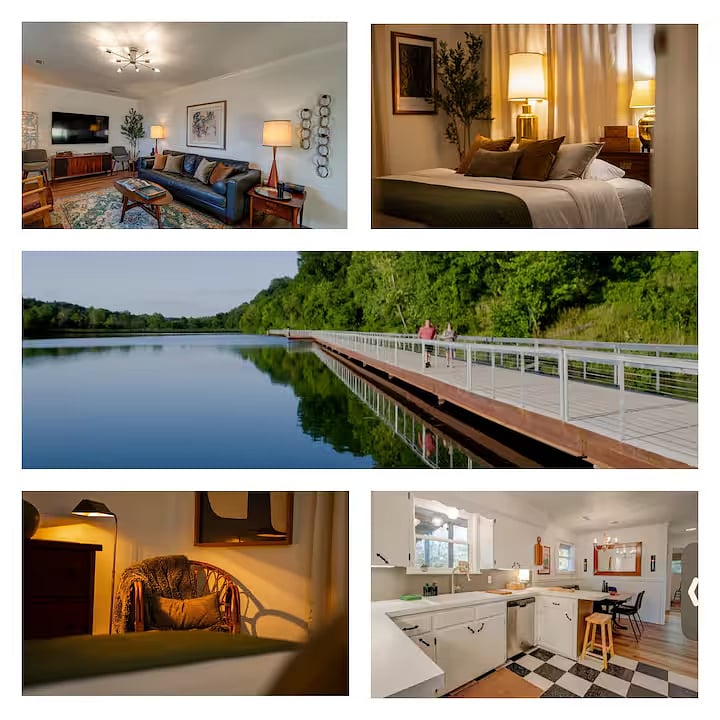 Retro Sumac house living room, primary bedroom, kitchen, and Lake Atalanta nearby.