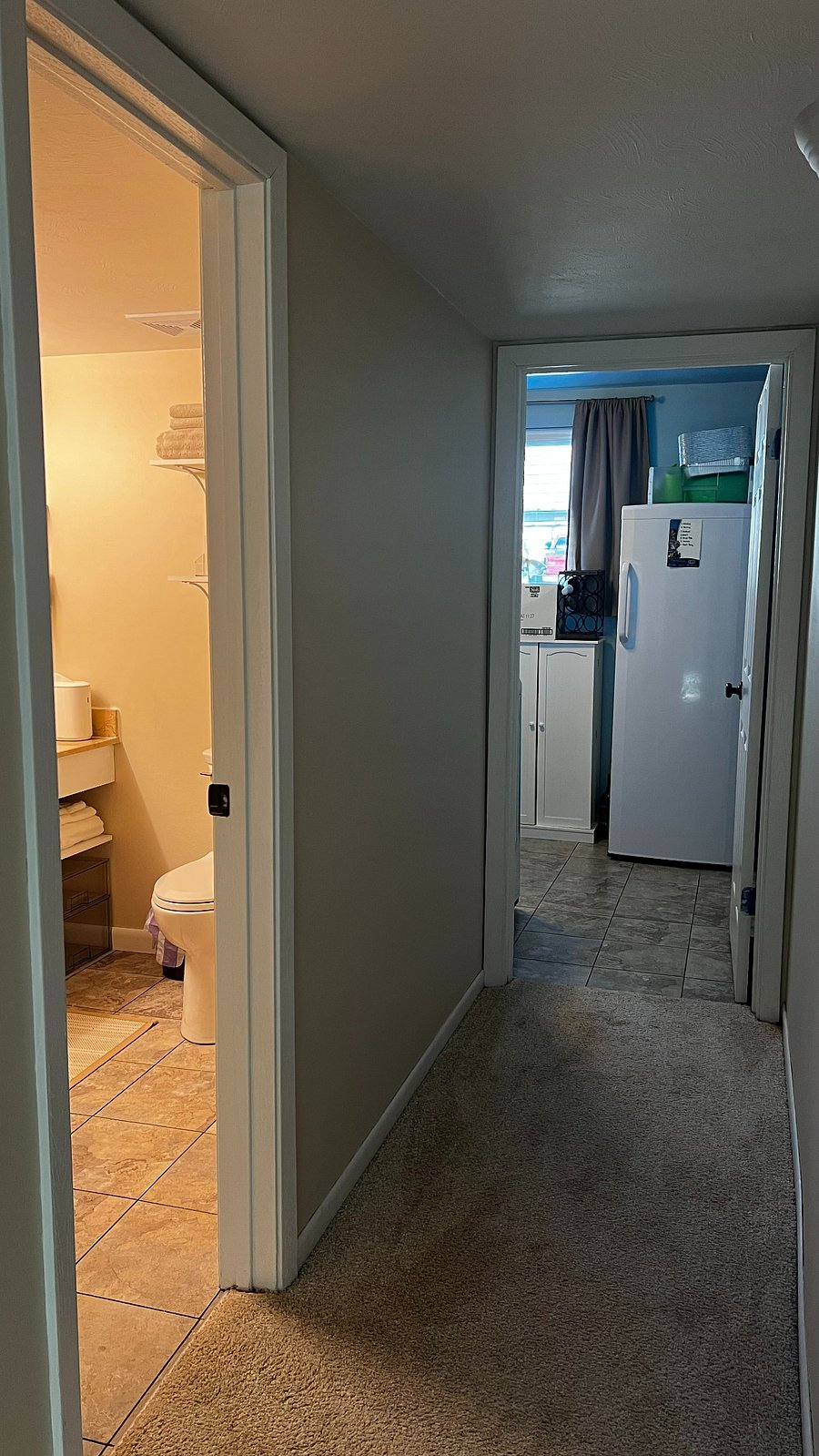 View of path to the bathroom and laundry room, just up a few stairs on the lower level. 