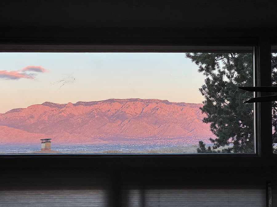 View from kitchen window at sunset. 