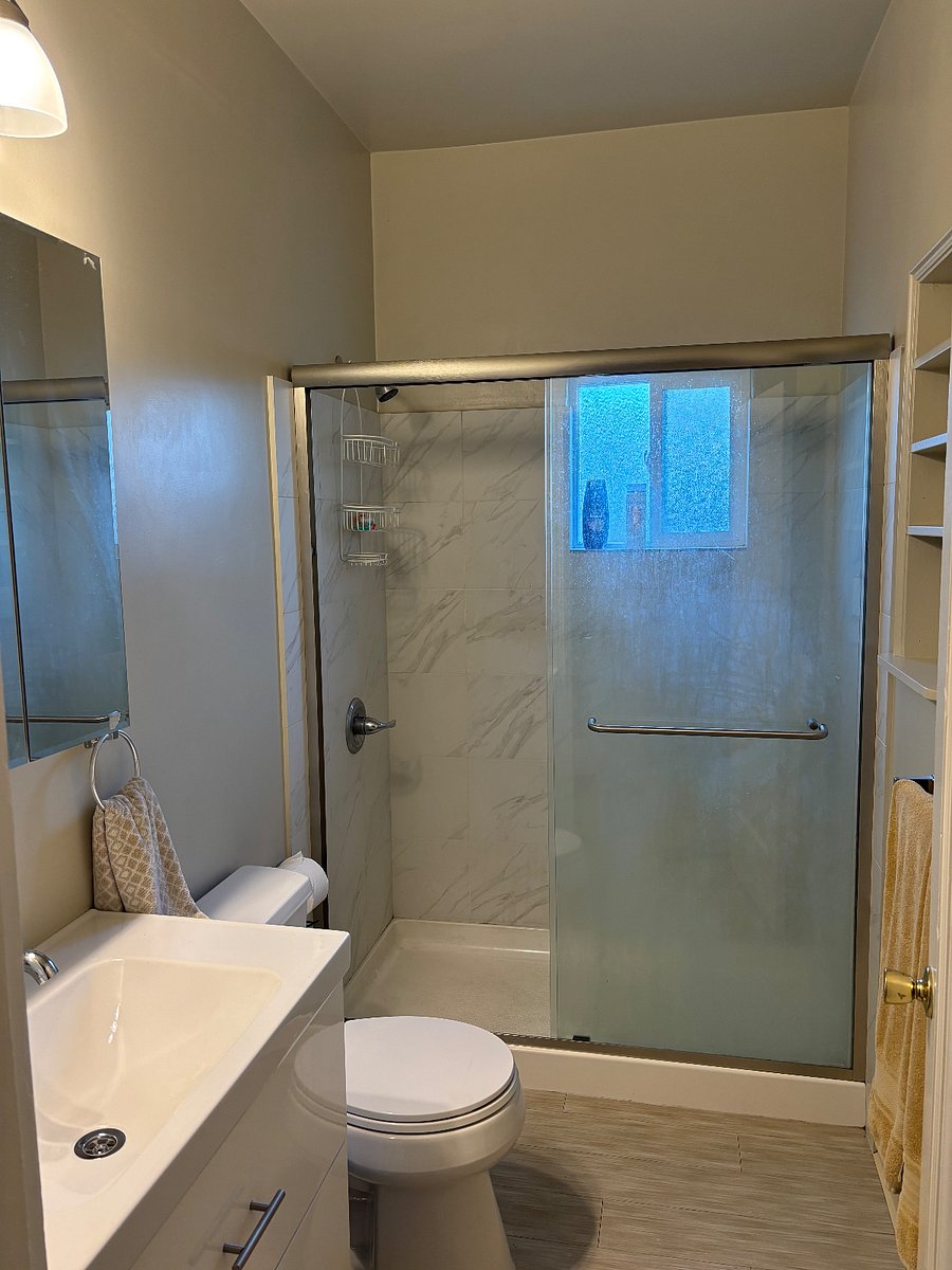 Bathroom toilet, sink, stand in shower. Side wall built in shelving.