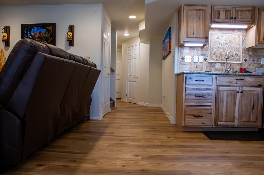 View from the entrance. Hallway leads to the bathroom and linen closet.