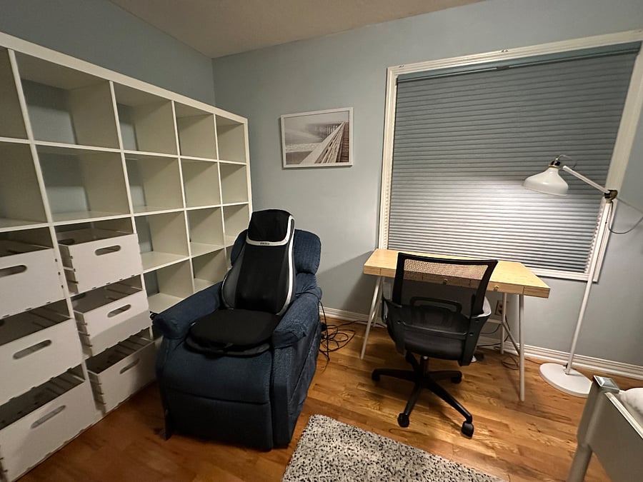Light dimming shades, Recliner chair and optional back massager.