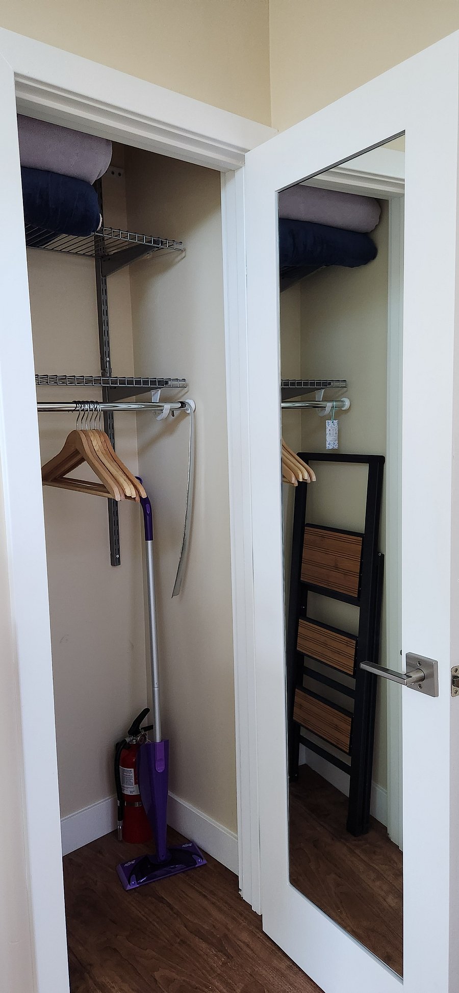 Coat and shoe closet that holds your hats, extra blankets, and a few extras like a ladder, fire extinguisher, and your iron.