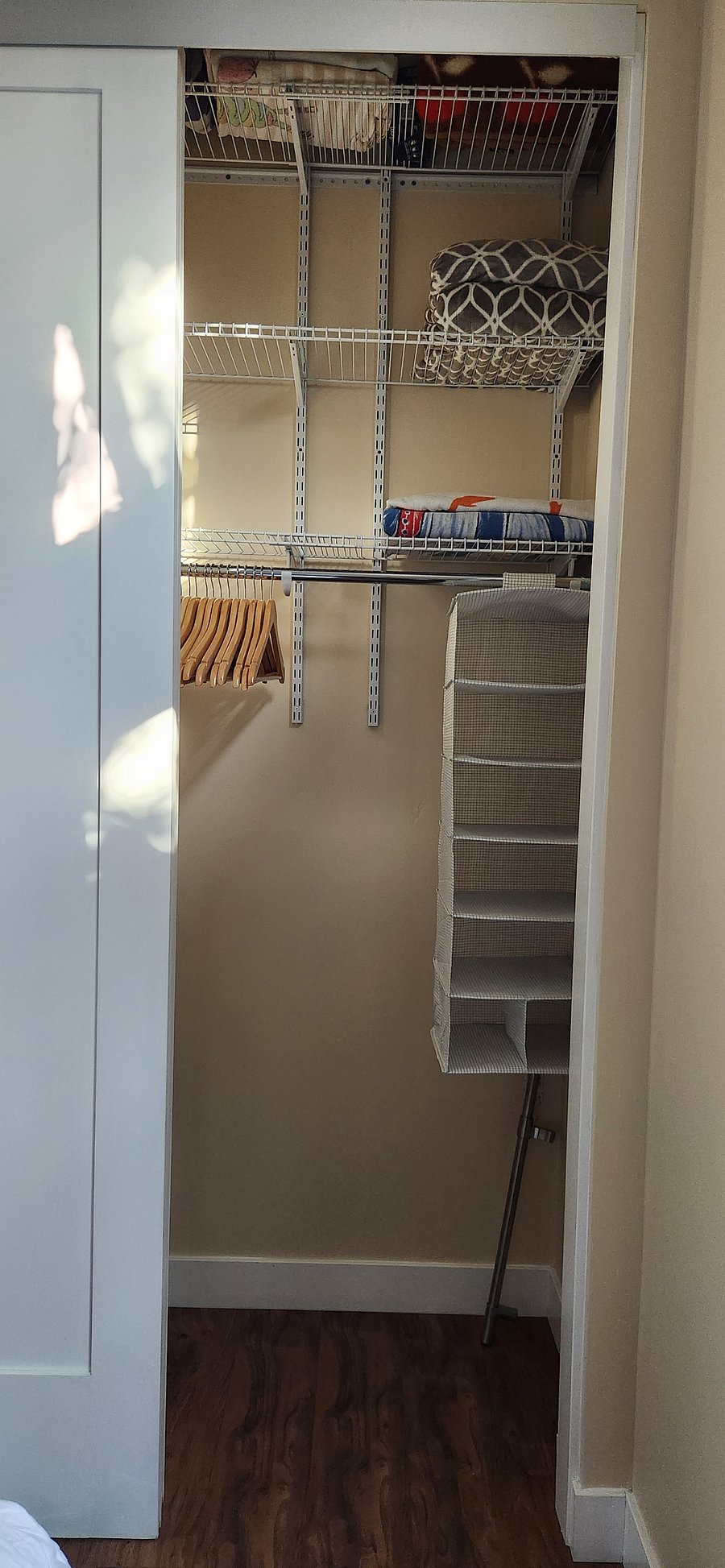 Extra large closet with adjustable shelving a d plenty of extra blankets, pillows, and sheets.