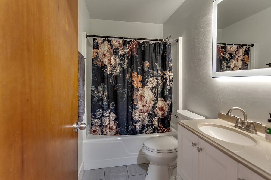 Updated bathroom with antifog bathroom mirror, exhaust fan/light timer, tub for shower or soaking