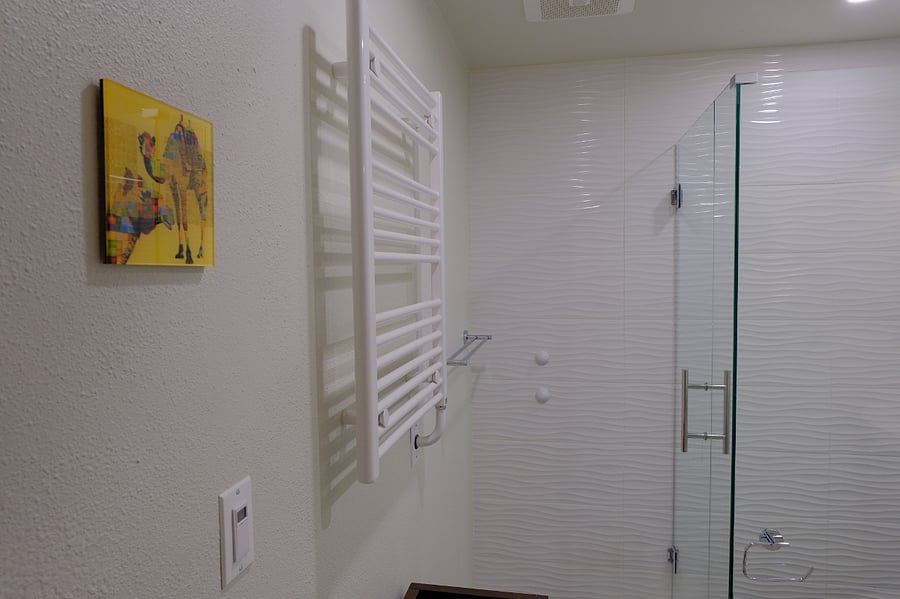 Bathroom showing shower and towel warmer