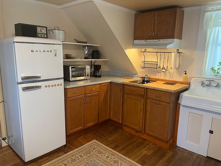 Full size refrigerator. All the usual amenities coffeemaker, toaster oven, microwave, blender, etc. Brand new induction cooktop and cookware.