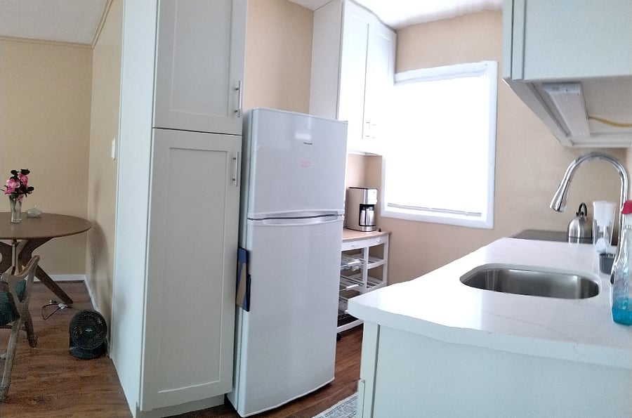 fridge and coffee bar