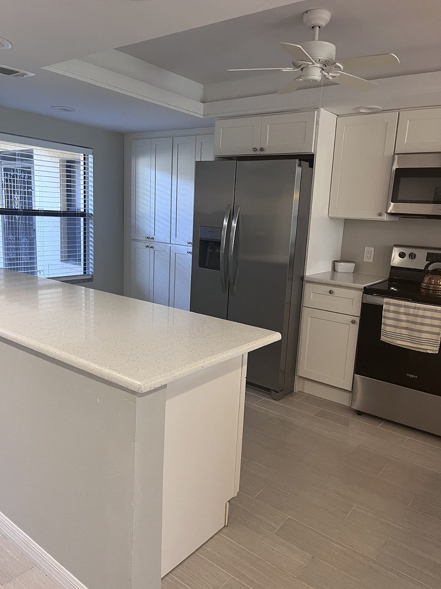 Full size kitchen.  Appliances approximately two years new with little wear and tear.  The kitchen has a full sized refrigerator, microwave, stove/oven and dishwasher. 