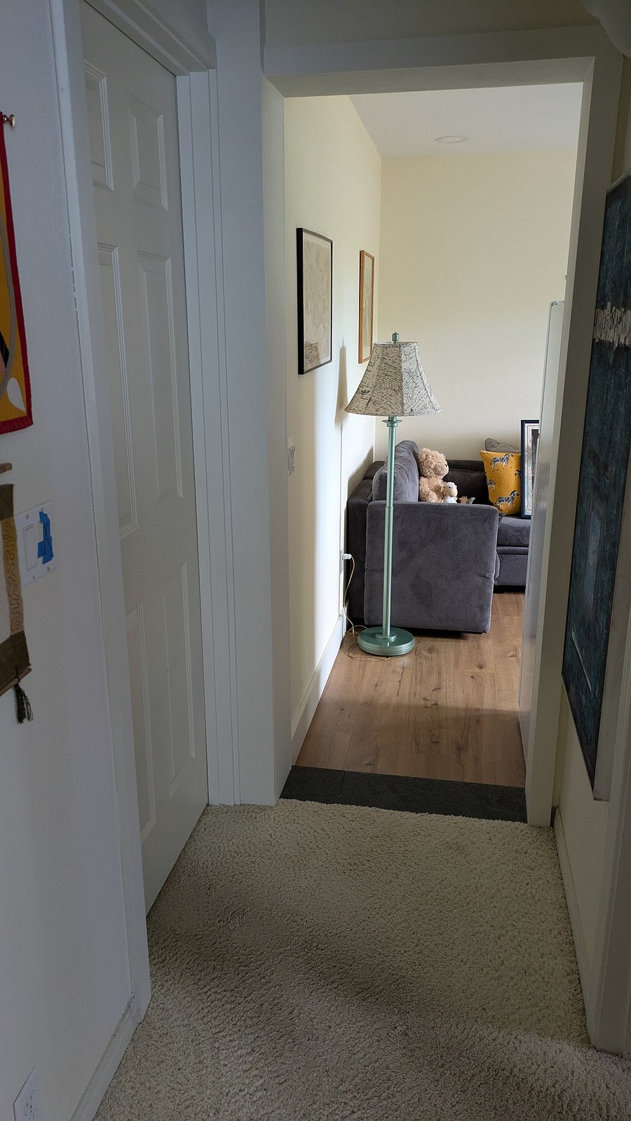 Hallway looking from bedroom to kitchen/living room. Bathroom on the right, locked door to the landlord's on the left.