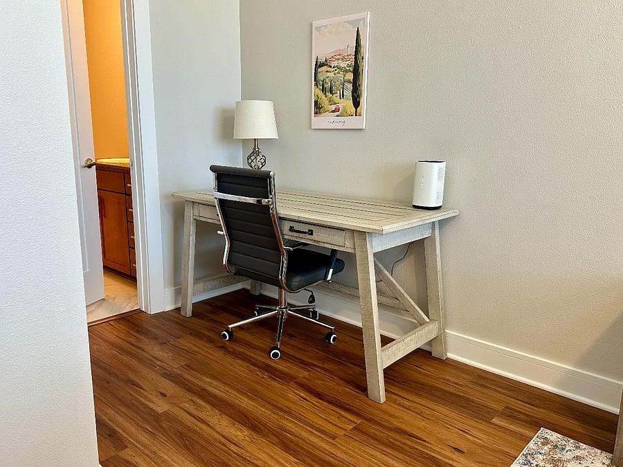 Dedicated work space with lamp and comfortable chair