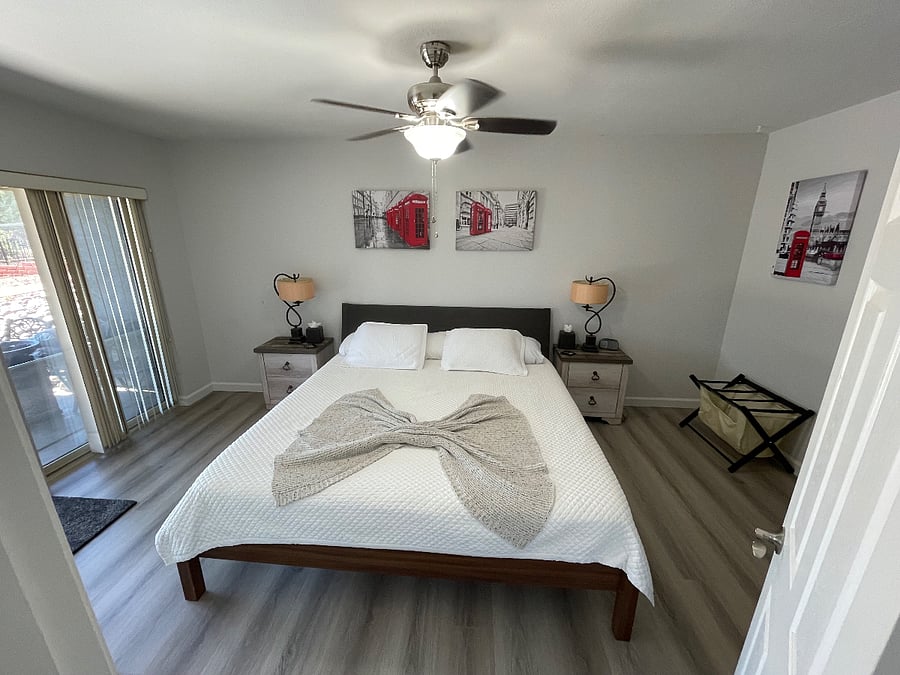 Another master size room down stairs with walk in closet and private patio with awesome furniture and fire pit
