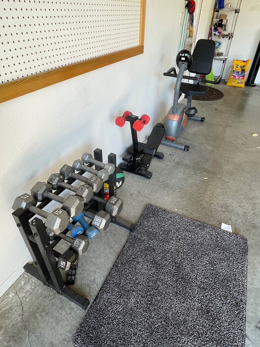 Weights and exercise equipment in garage