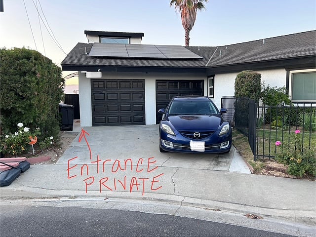 Private entrance and parking in driveway